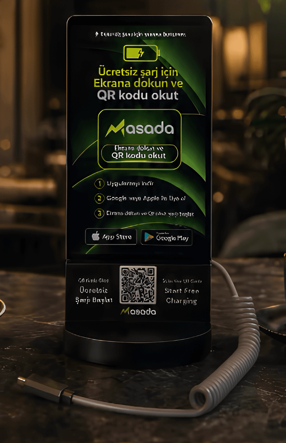 Masada cihazı, ücretsiz şarj ve QR menü